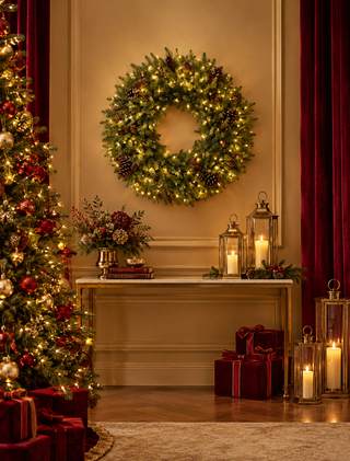 Pre-Lit Wintergreen Christmas Wreath with Pinecones